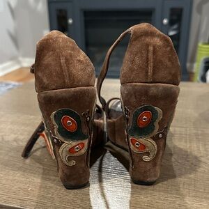 Prada Brown Suede Wedge Heels with Orange & Green Embroidery